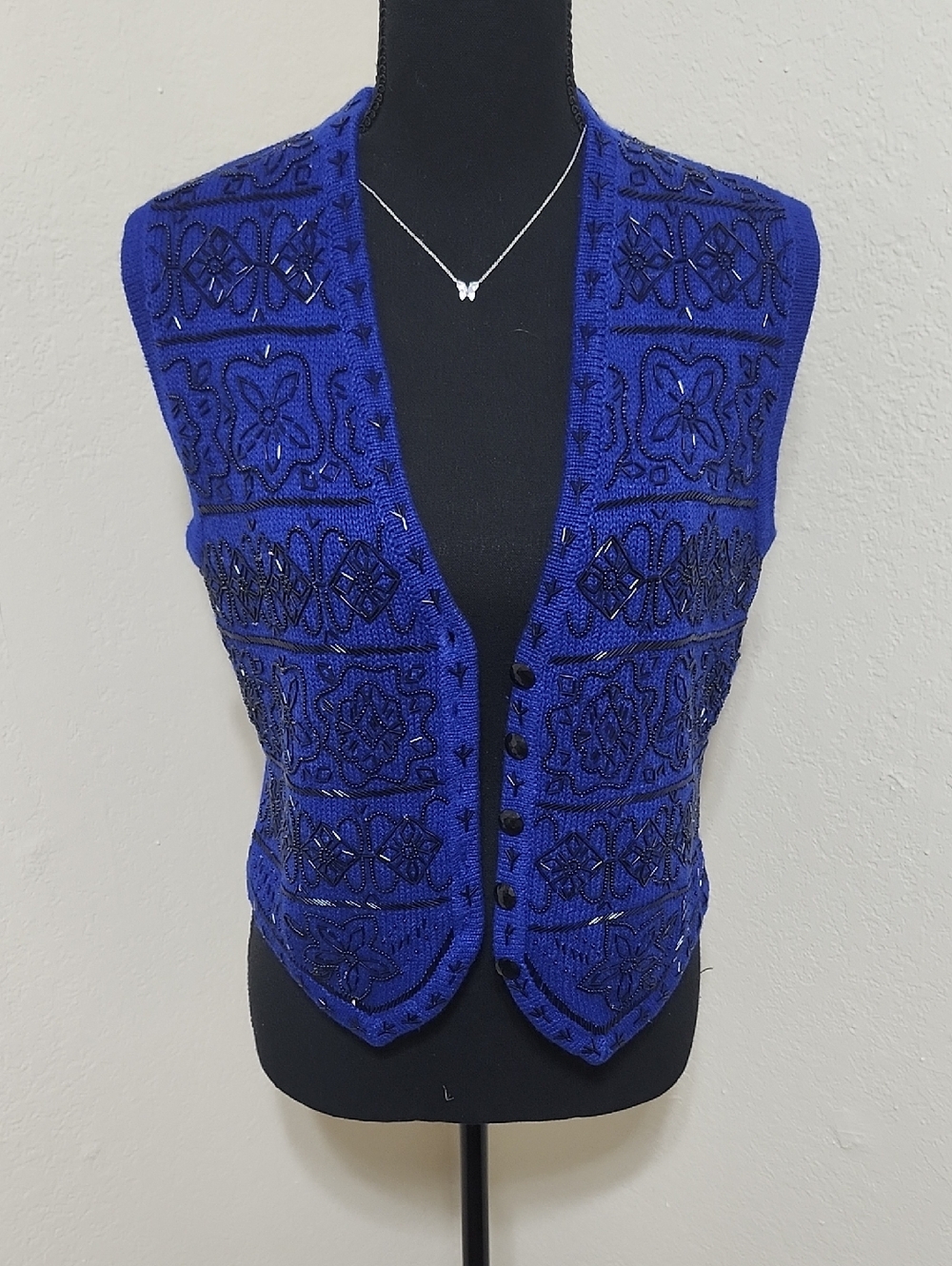 Vintage 90s Worthington Royal Blue Beaded Vest Coquette Black Sequins Size MP
